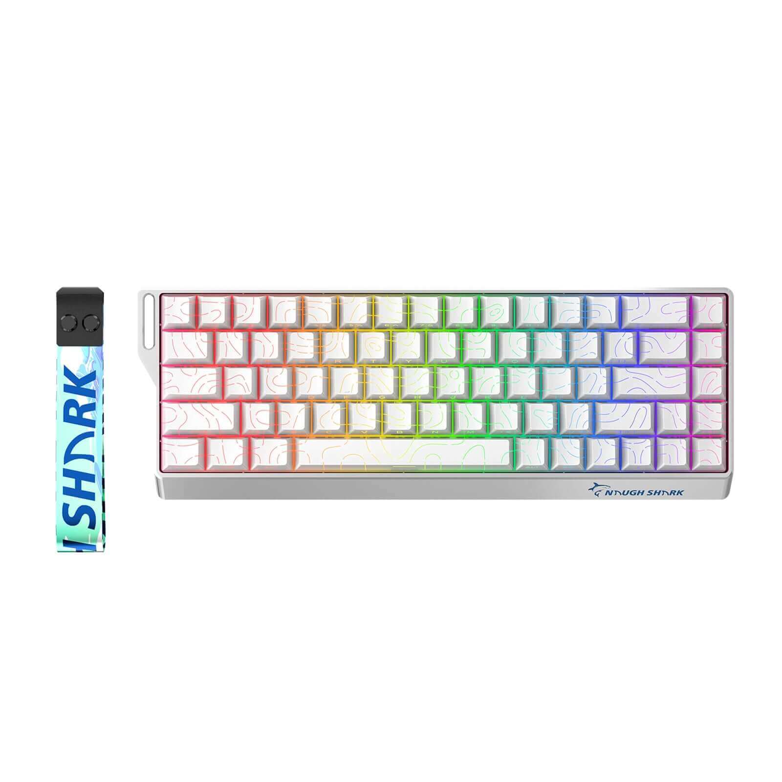 Gamakay x Naughshark NS68 Hall effect keyboard, in color white with Side-printed, OEM keycaps, showing the RGB effect of the keyboard.