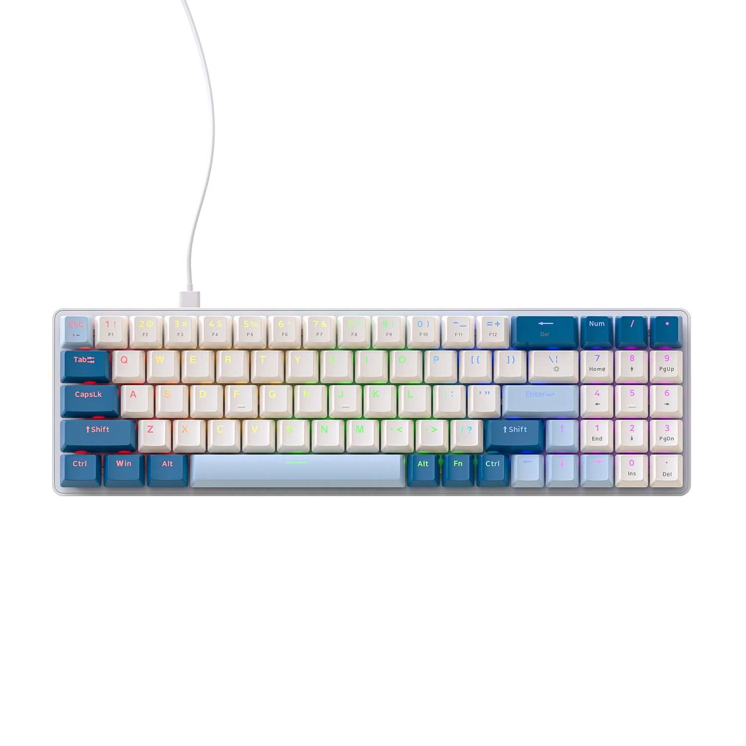 Freewolf Mechanical gaming keyboard wired mode, in 65% layout with blue and white keycaps
