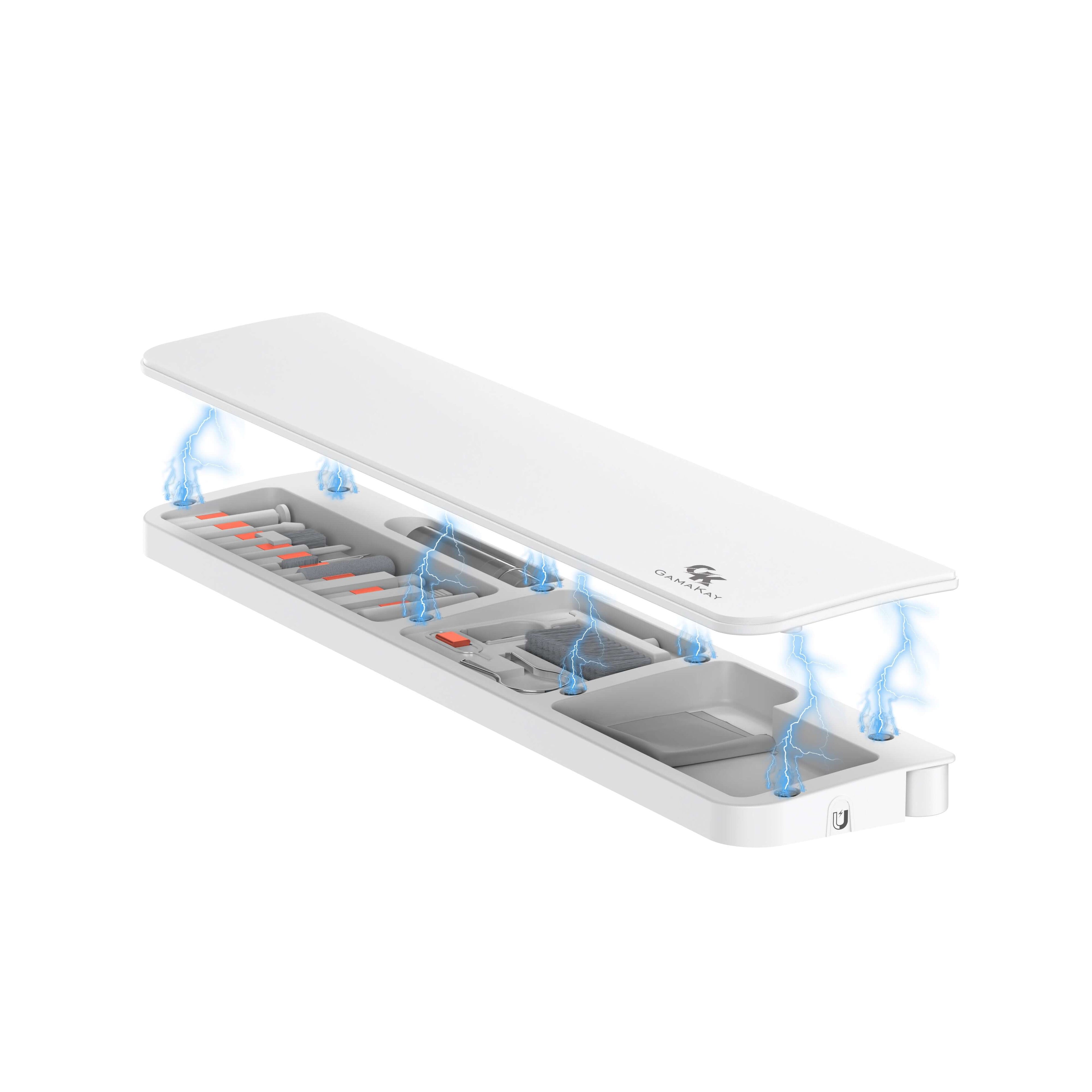The Wrist rest pad made by PU material, Soft Memory Foam Keyboard Wrist Rest Set with Non-Slip Silicone Base. With magnetic desgin the top case can open and close easily, inside the case there are 22 cleaning tools for keyboard, computer, earphone cleanin