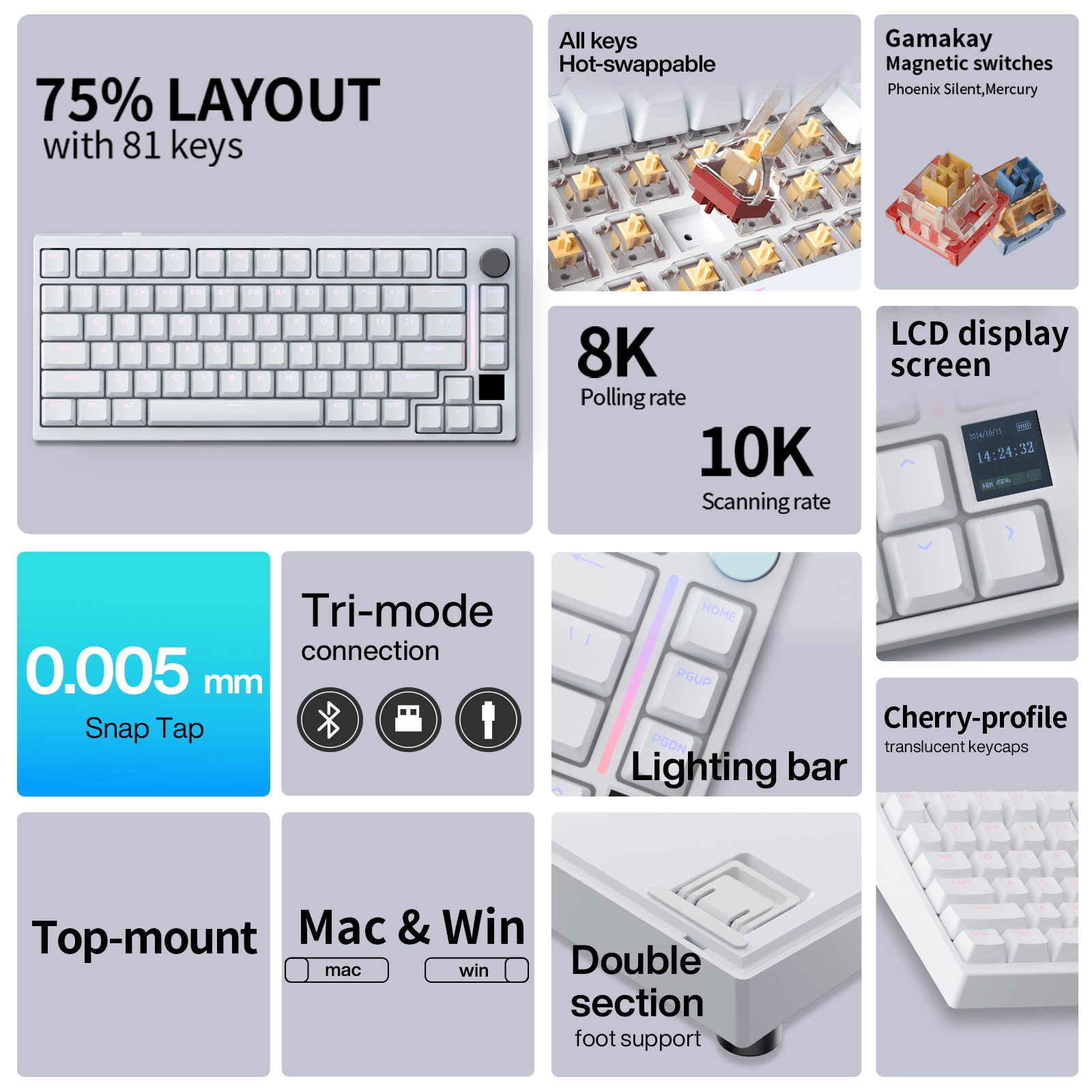 Gamakay TK75HE V2 Hall Effect keyboard features 8K polling rate and tri-mode connection for enhanced performance.