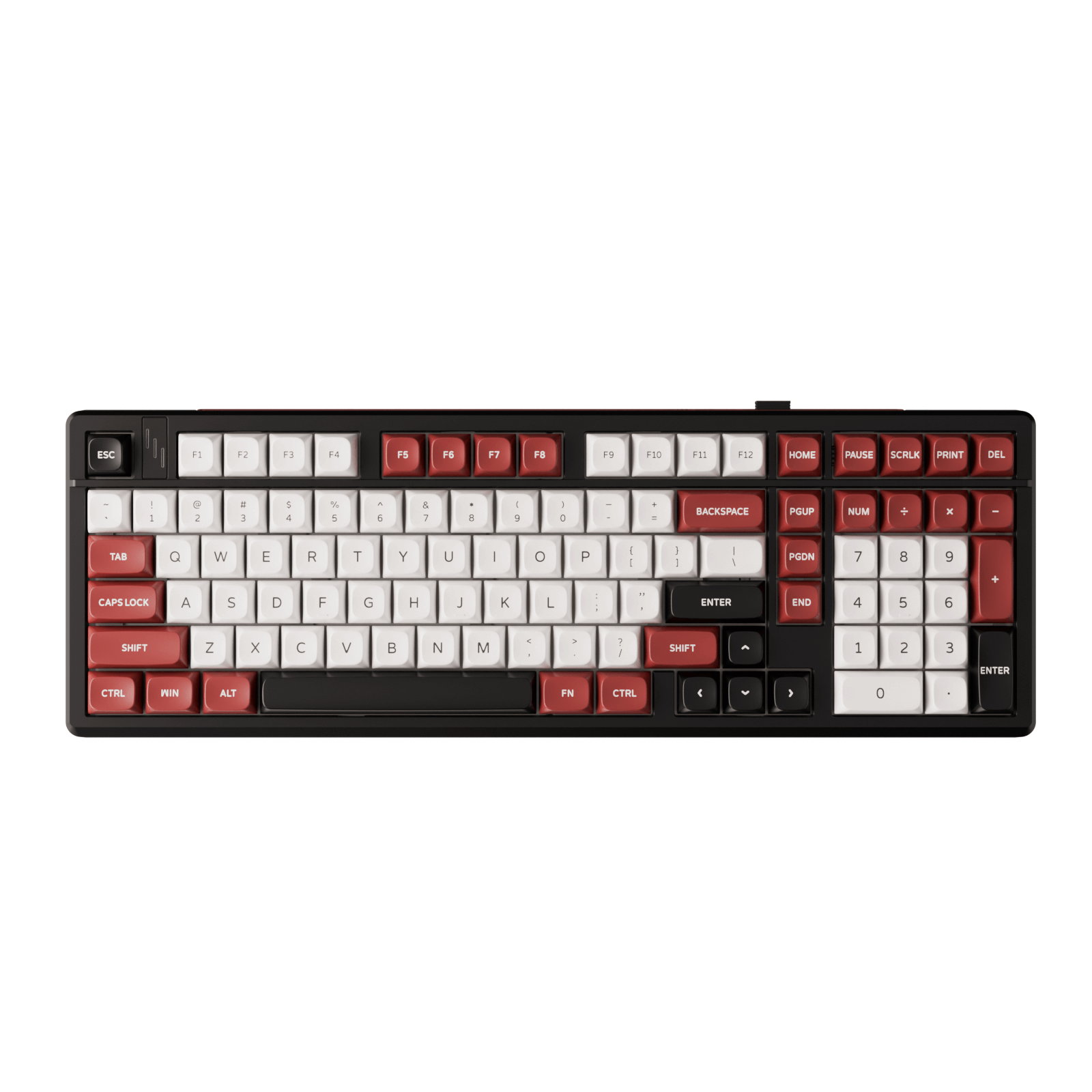 Gamakay Tk101 QMK wireless mechanical keyboard with number pad The MDA profile keycaps printed in color Black & Red while the number pad in color white.