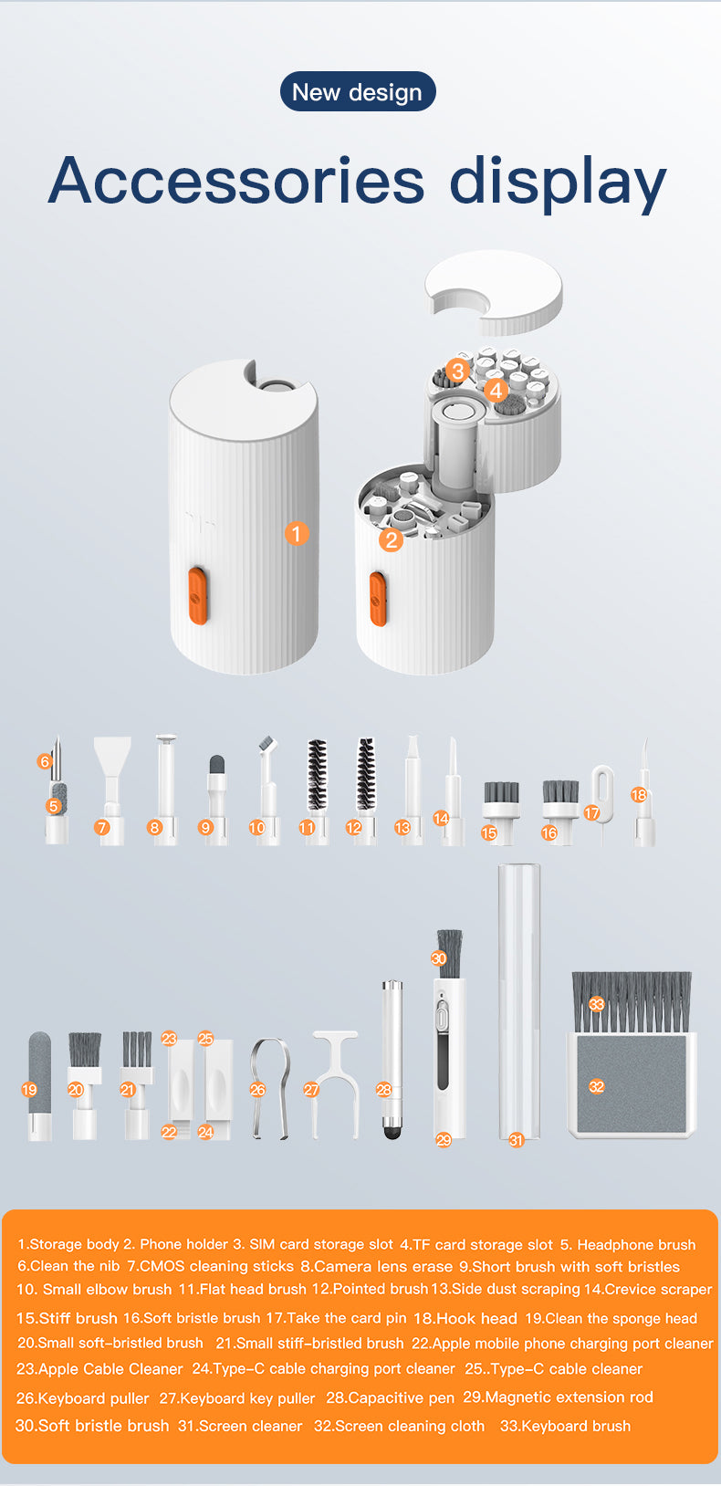 Gamakay 33-in-1 Multifunctional Cleaning Kit accessories display showcasing storage and cleaning tools.