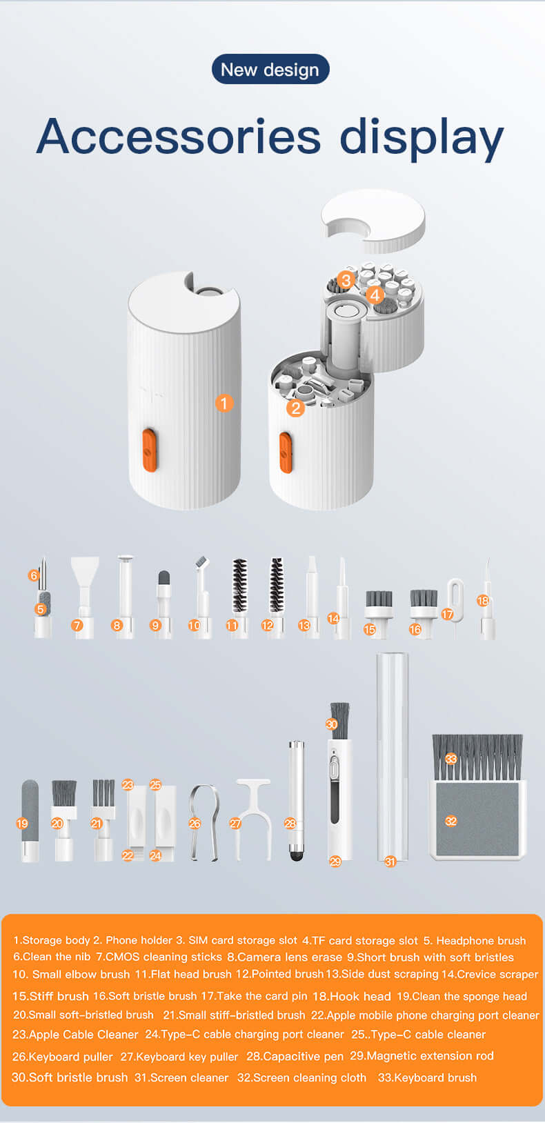 Gamakay 33-in-1 Multifunctional Cleaning Kit accessories display showcasing storage and cleaning tools.