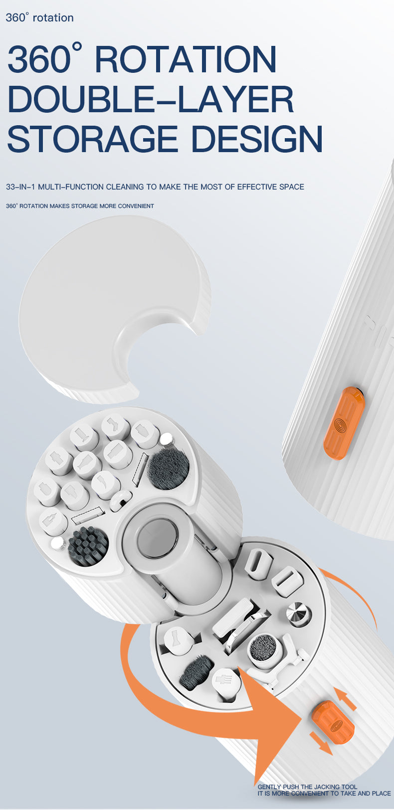 Gamakay 33-in-1 Multifunctional Cleaning Kit showcasing 360° rotation and double-layer storage design for efficient cleaning.