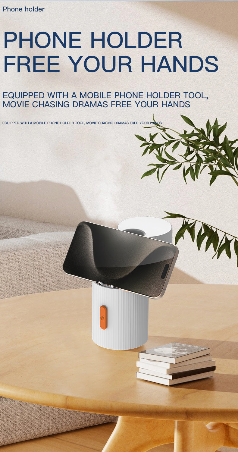 Phone holder tool that frees your hands for watching movies, placed on a table with greenery in the background.