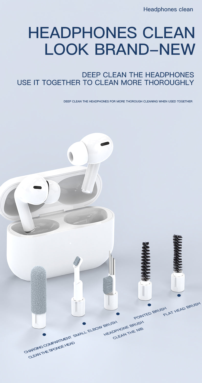 Multifunctional Cleaning Kit for deep cleaning headphones with various brushes and tools including a silicone brush and pointed brush.
