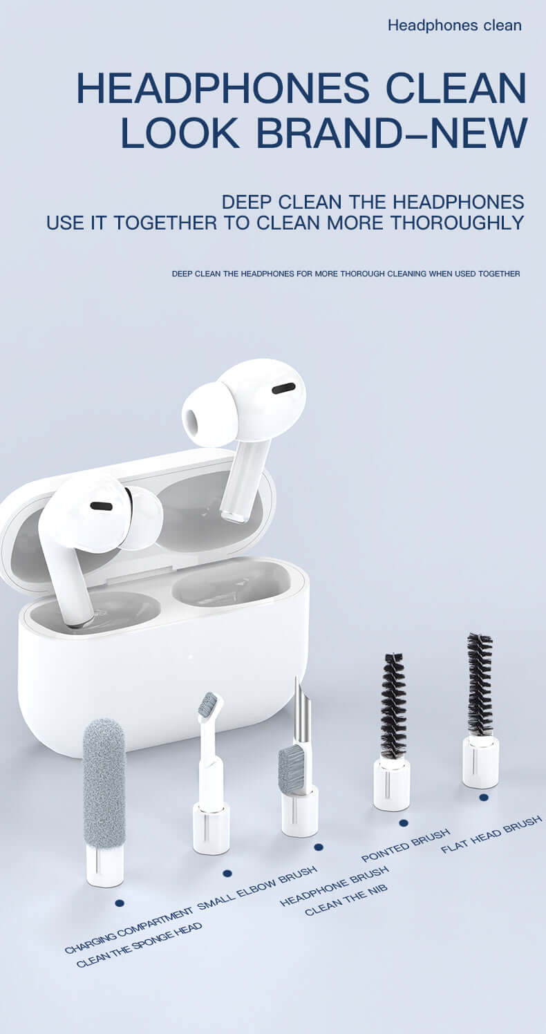 Multifunctional Cleaning Kit for deep cleaning headphones with various brushes and tools including a silicone brush and pointed brush.