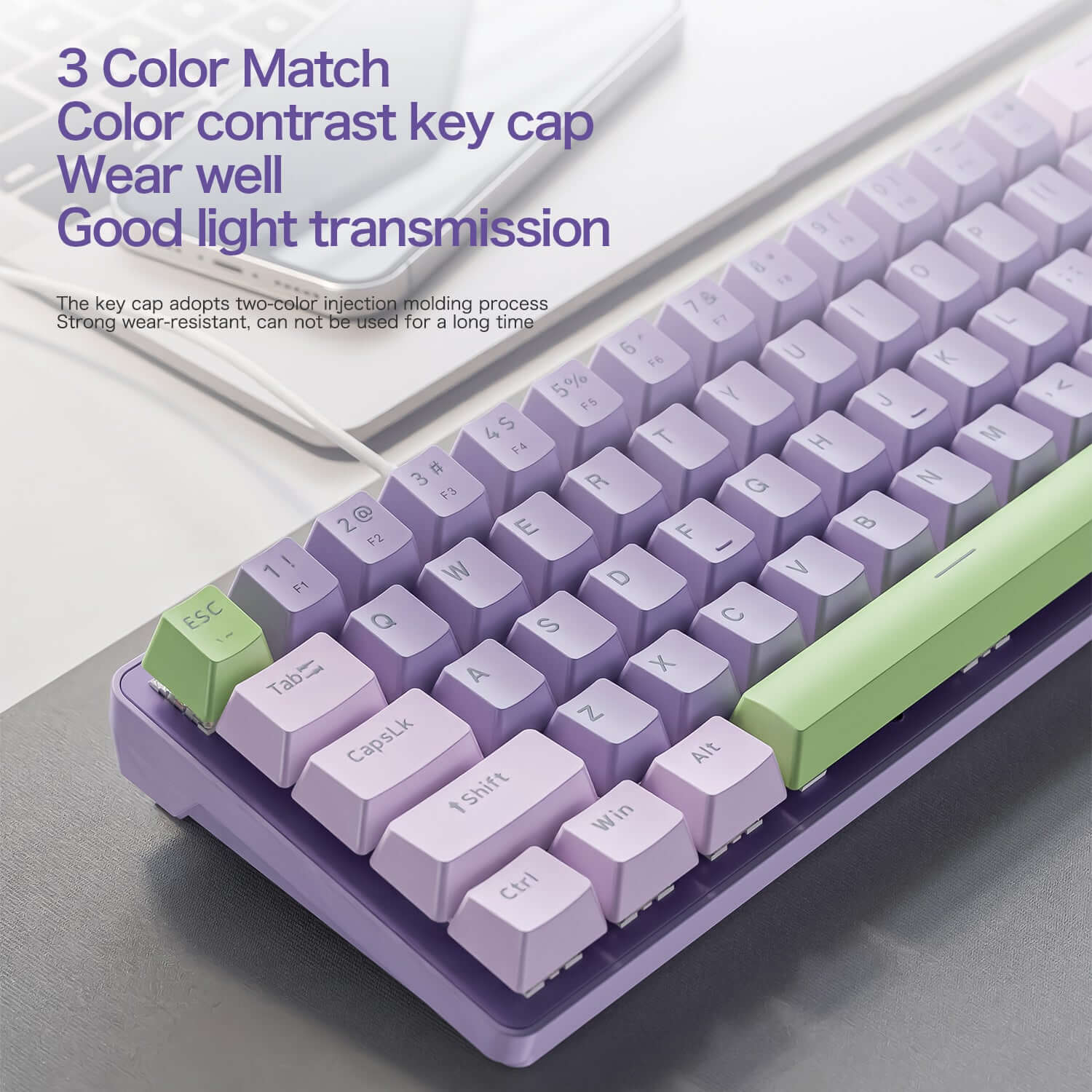 Freewolf Mechanical gaming keyboard wired mode, in 65% layout with purple and green keycaps