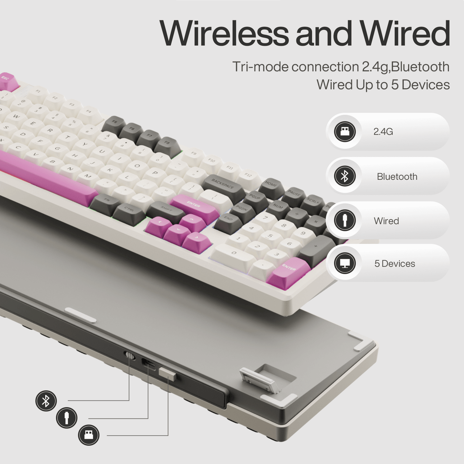 Gamakay TK101 mechanical keyboard supports tri-mod connections; wired, Bleutooth, and 2.4g up to 5 devices; compatiable with Mac and Windows system