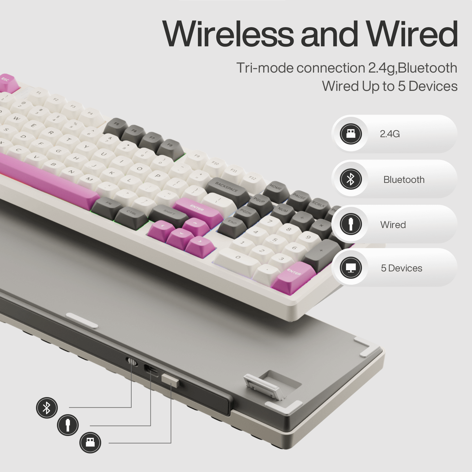 Gamakay TK101 mechanical keyboard supports tri-mod connections; wired, Bleutooth, and 2.4g up to 5 devices; compatiable with Mac and Windows system
