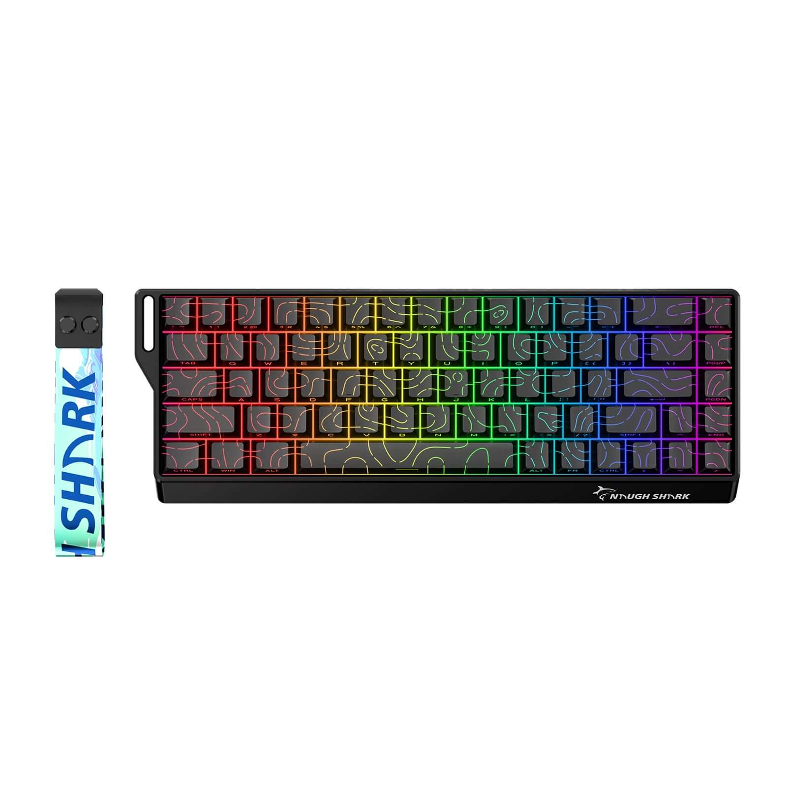 Gamakay x Naughshark NS68 Hall effect keyboard, in color black with Side-printed, OEM keycaps, showing the RGB effect of the keyboard.