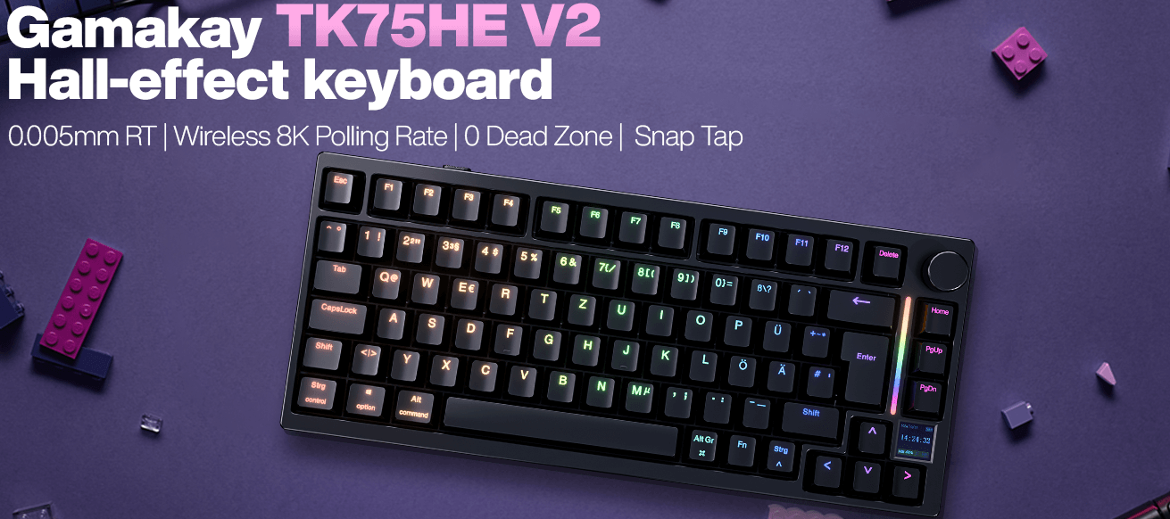 Gamakay TK75HEV2 is ISO layout Hall effect keyboard. 75% layout hall effect keyboard in Germany keycaps