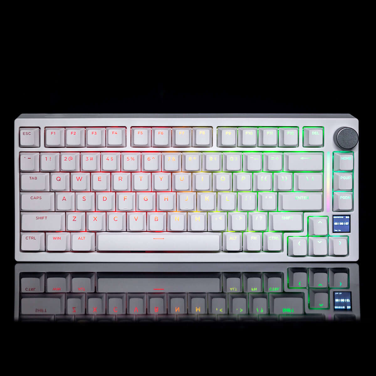 Gamakay TK75HEV2 8k Hall effect magnetic keyboard in color white, with the light bar on metal knob, Tft display on the right, featuring the RGB light in the black background.
