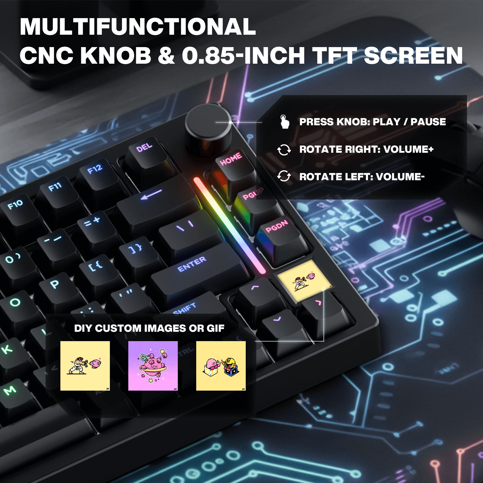 Gamakay TK75HE V2 Hall Effect keyboard with multifunctional CNC knob and TFT screen for customizable functions.