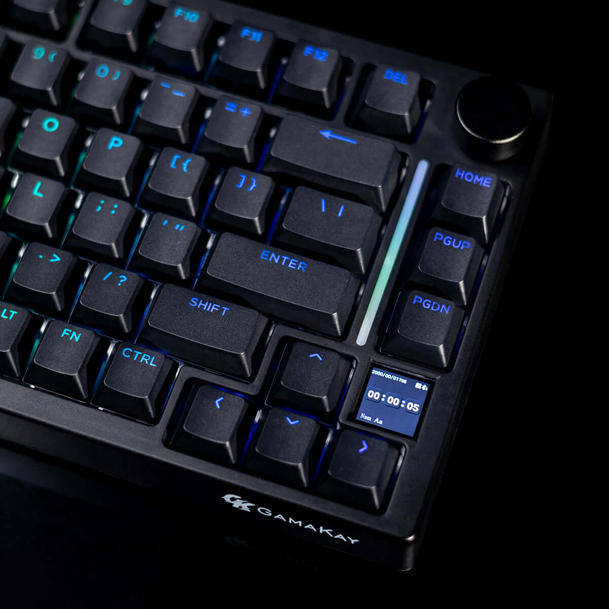 Gamakay TK75HEV2 hall effect keyboard in 75% layout with the knob on the top and light bar, as well as the tft display to check Pc information.