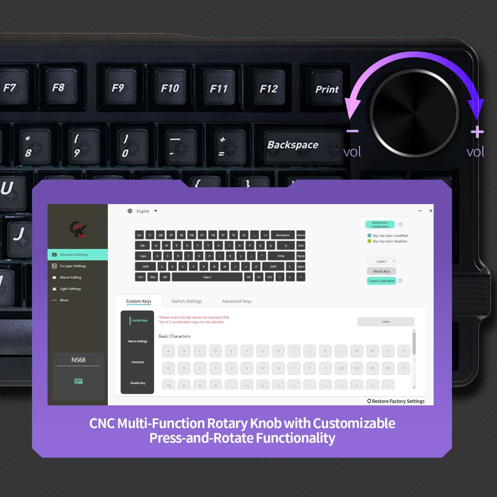Gamakay NS75 hall effect keyboard with CNC multi-function rotary knob on gaming keyboard, customizable press-and-rotate volume control with software key mapping and macro support