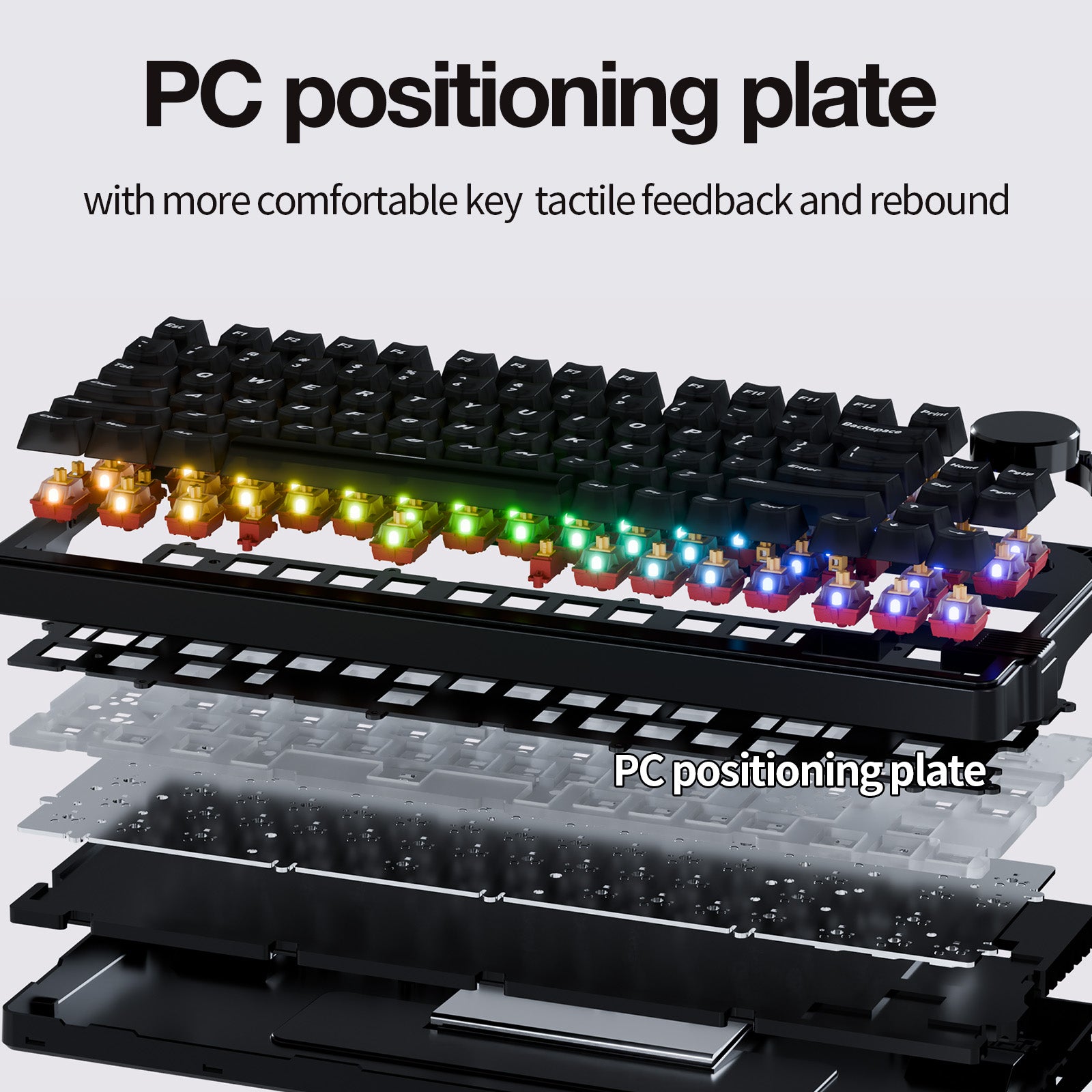 NS75 Hall effect keyboard with PC positioning plate keyboard structure with improved tactile feedback and rebound, layered gasket-mount design showing RGB switches and internal components.