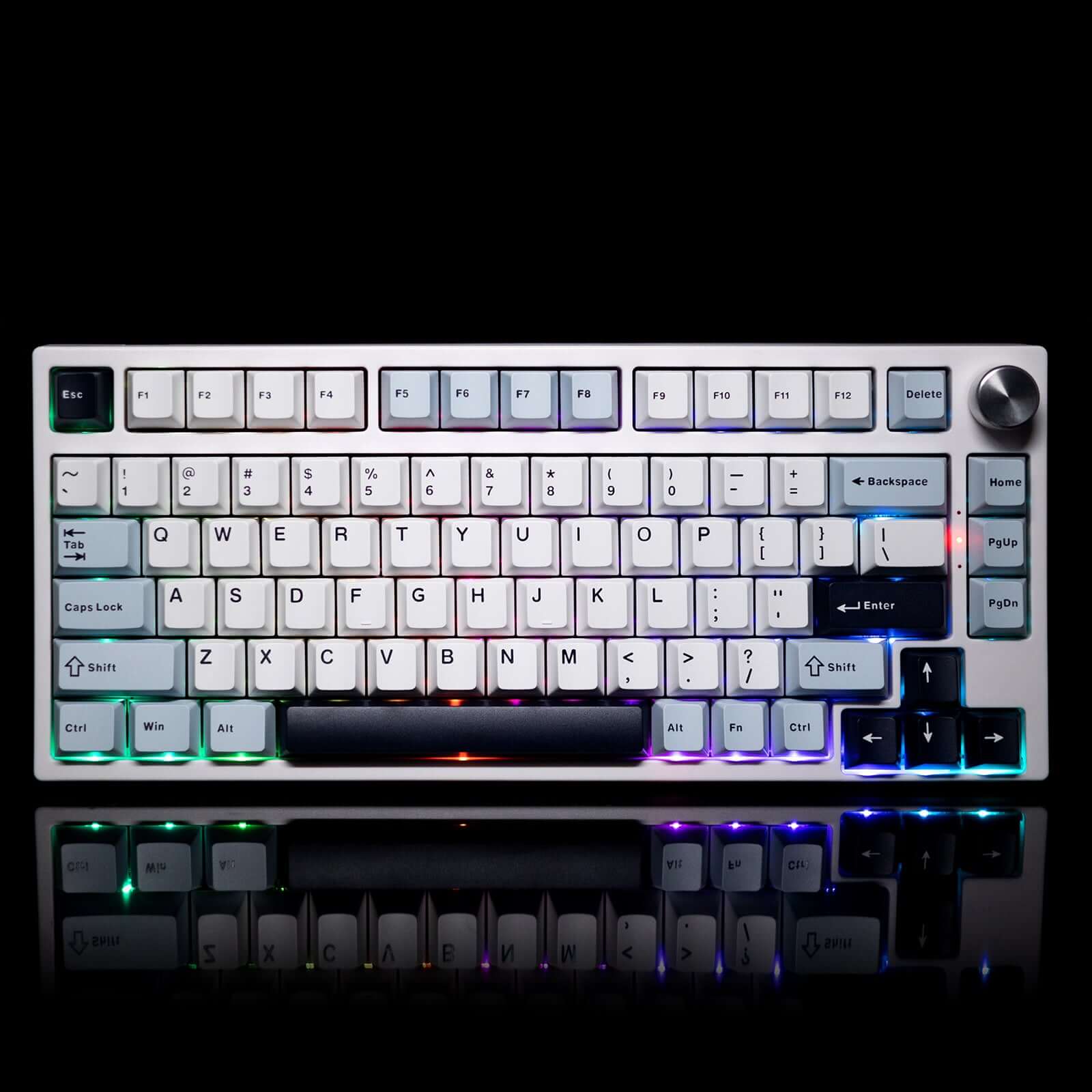 The image shows the Gamakay TK75HE 75% Wireless Mechanical Keyboard with advanced Hall Effect Magnetic Switches. It features a white and light blue keycap set with black legends, and a metallic rotary knob in the top right corner. The keyboard includes a