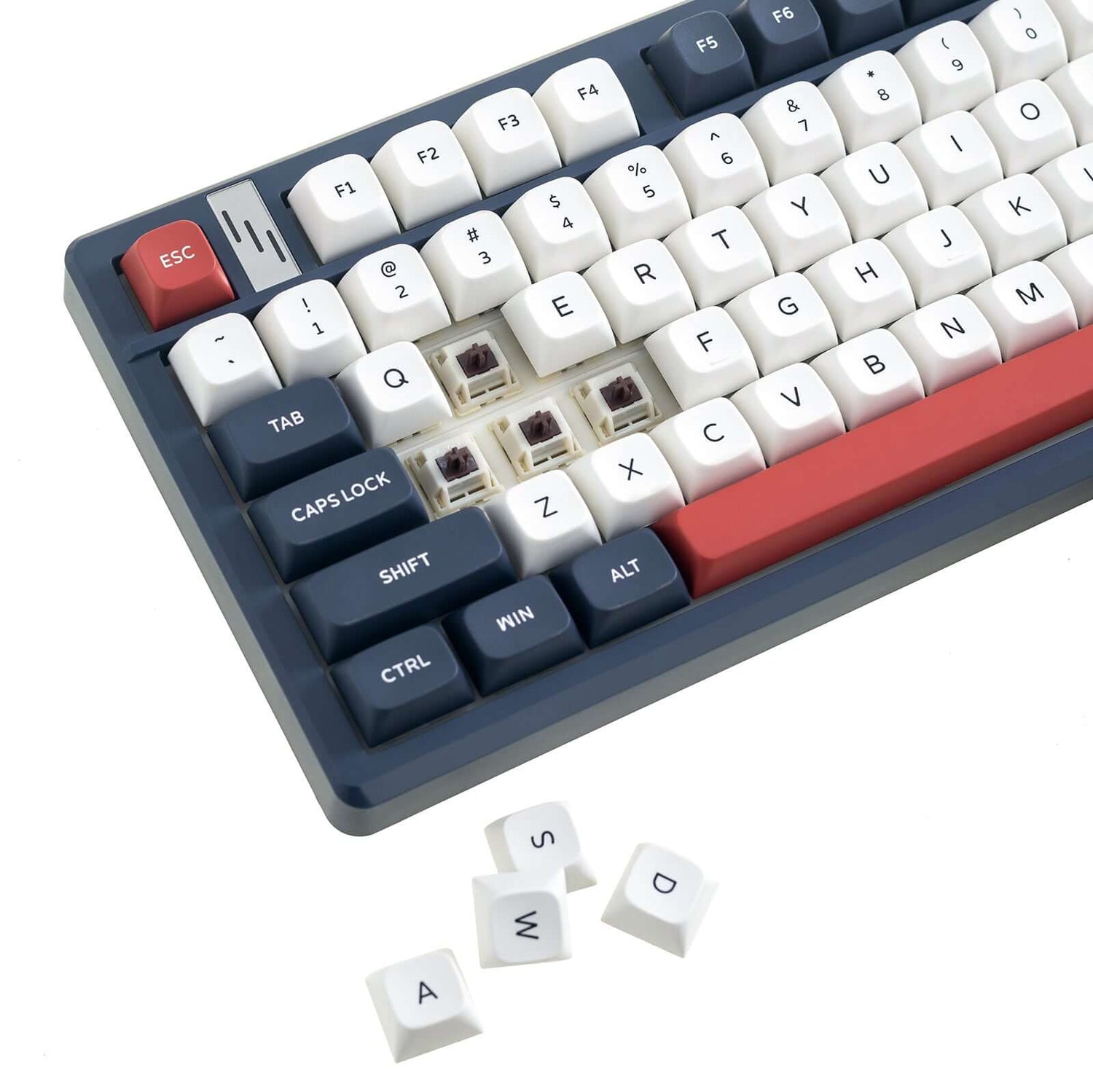 Gamakay TK101 QMK Wireless Mechanical Keyboard showing key layout in navy blue and red, with removed keycaps A, S, and D.