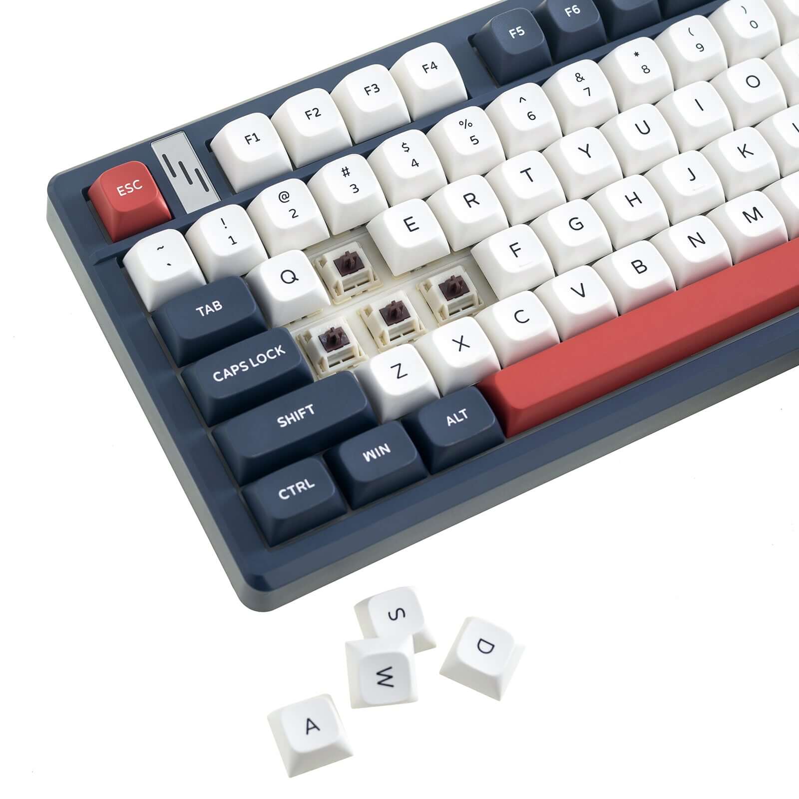 Gamakay TK101 QMK Wireless Mechanical Keyboard showing key layout in navy blue and red, with removed keycaps A, S, and D.