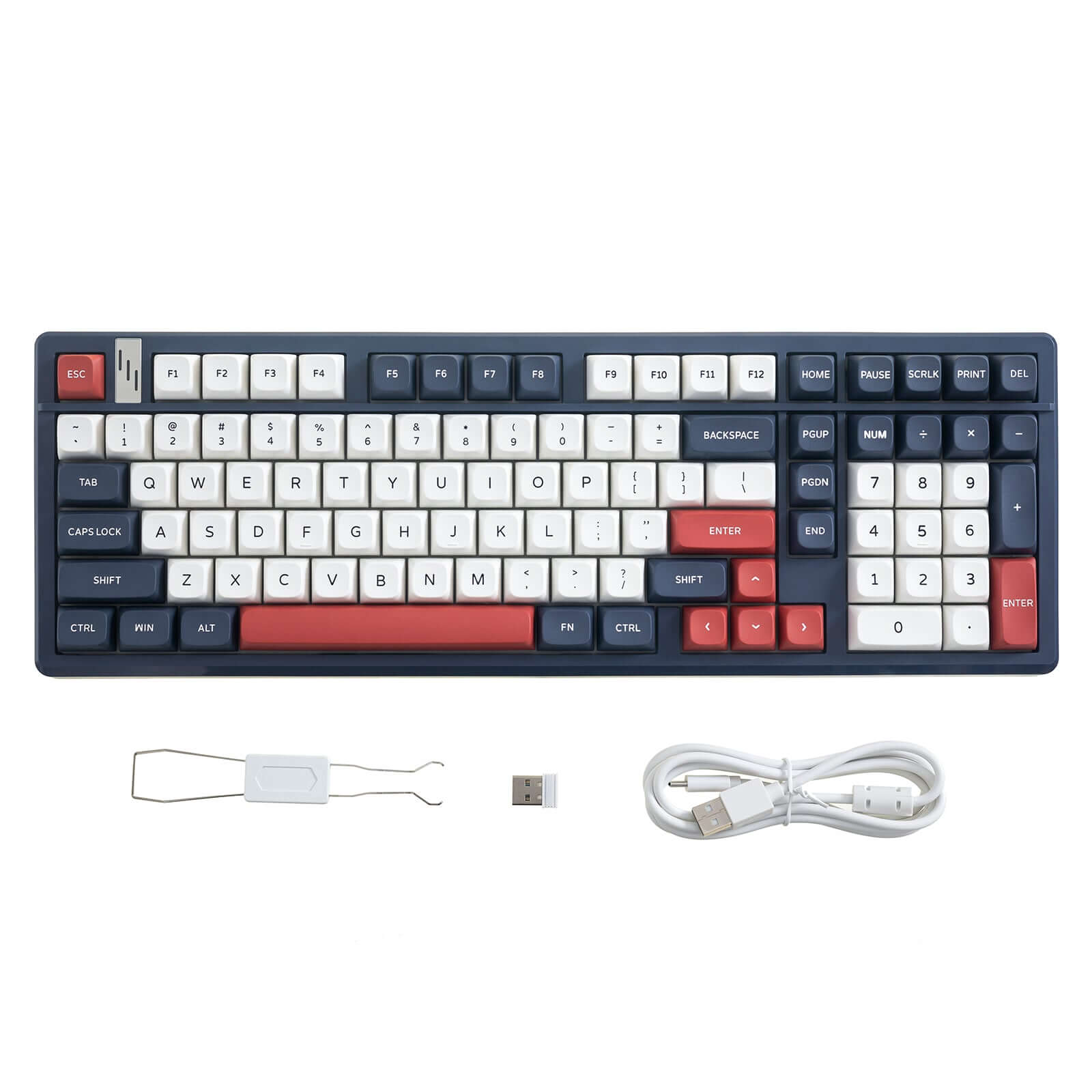 Gamakay TK101 custom mechanical keyboard with number pad, keycap puller, USB receiver, and charging cable.