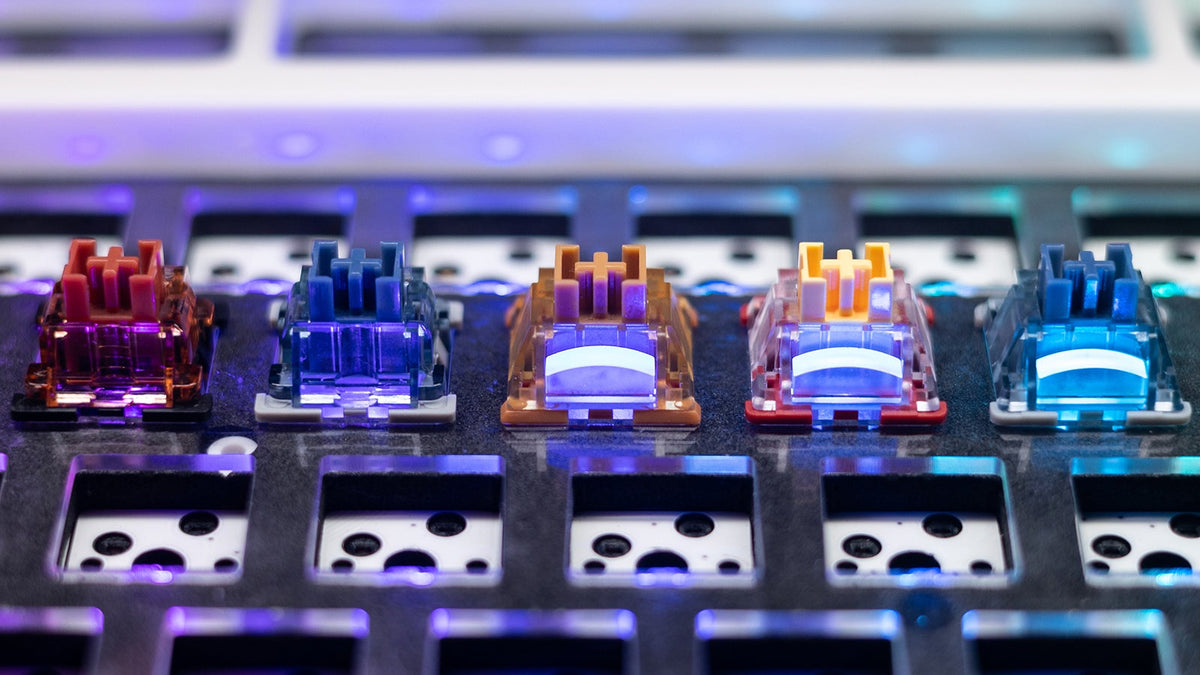 Close-up of five GamaKay mechanical keyboard switches—Griffin, Pegasus V1, Venus, Phoenix V2, and Pegasus V2—installed on a metal plate. These mechanical keyboard switches include both linear switches and tactile switches, each designed with translucent housings and RGB diffusers. The RGB effect shines vividly through the clear casings, enhancing the visual appeal of the mechanical keyboard. The silent switch variants, like the Venus and Phoenix V2, feature quiet operation while still delivering stunning, e