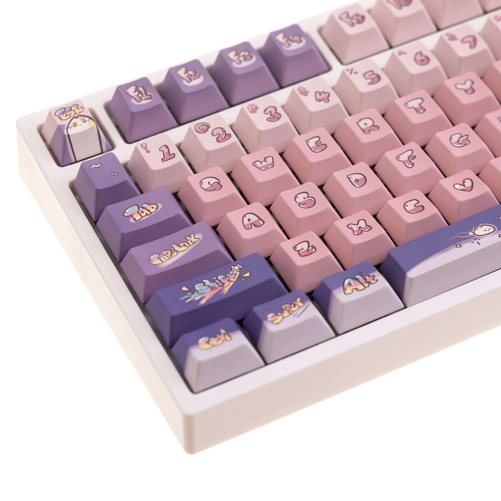 Whimsical space cat design keycaps on a 75% mechanical keyboard