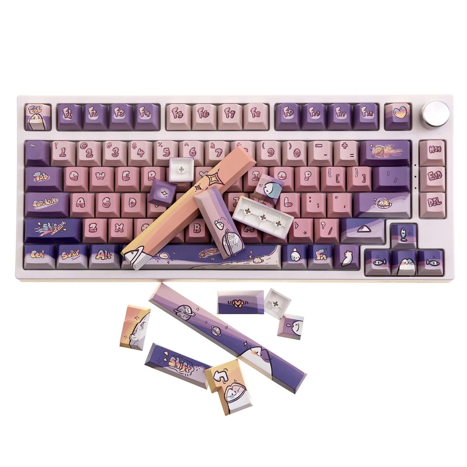 75% mechanical keyboard with Purple & Pink Space Cat Theme keycaps
