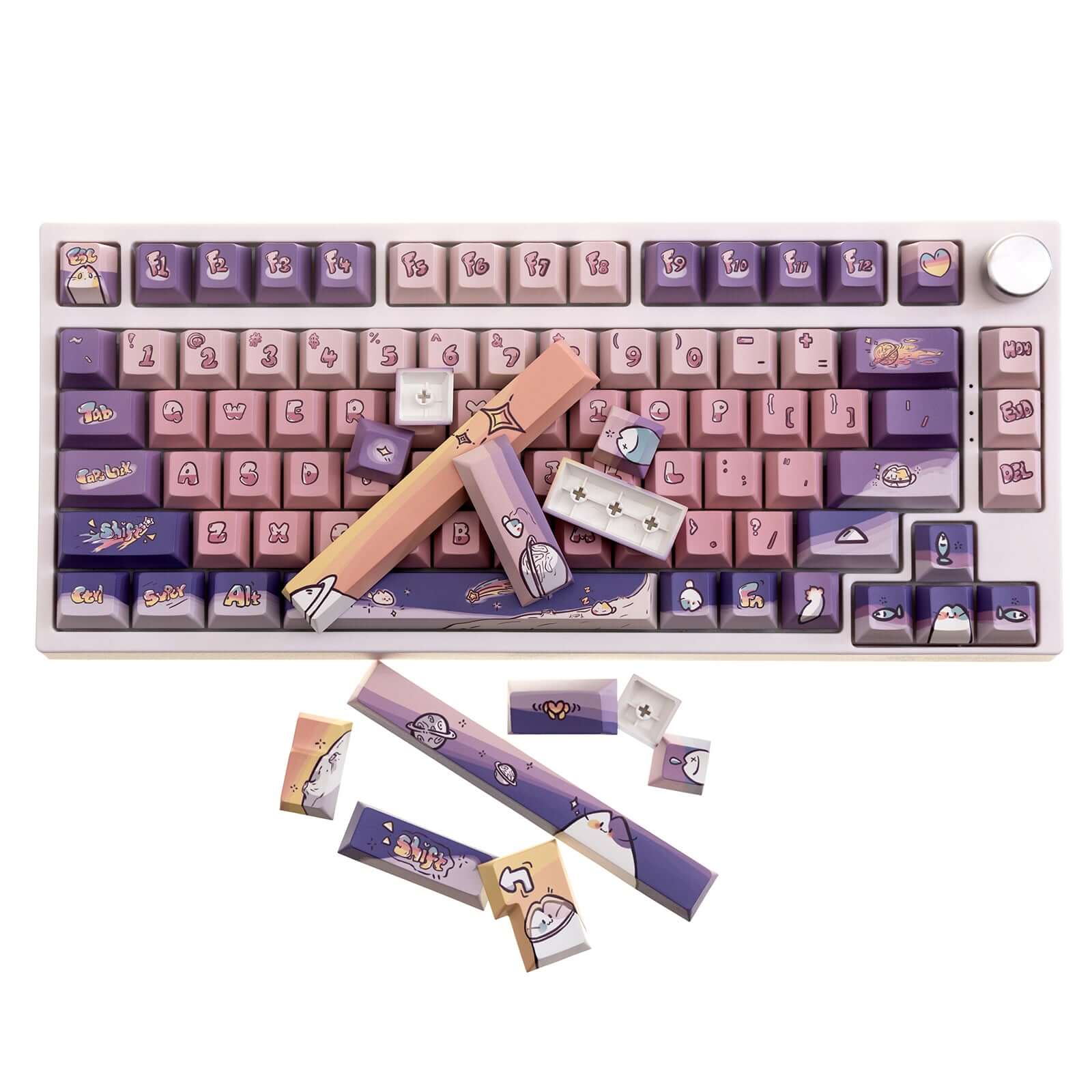 75% mechanical keyboard with Purple & Pink Space Cat Theme keycaps