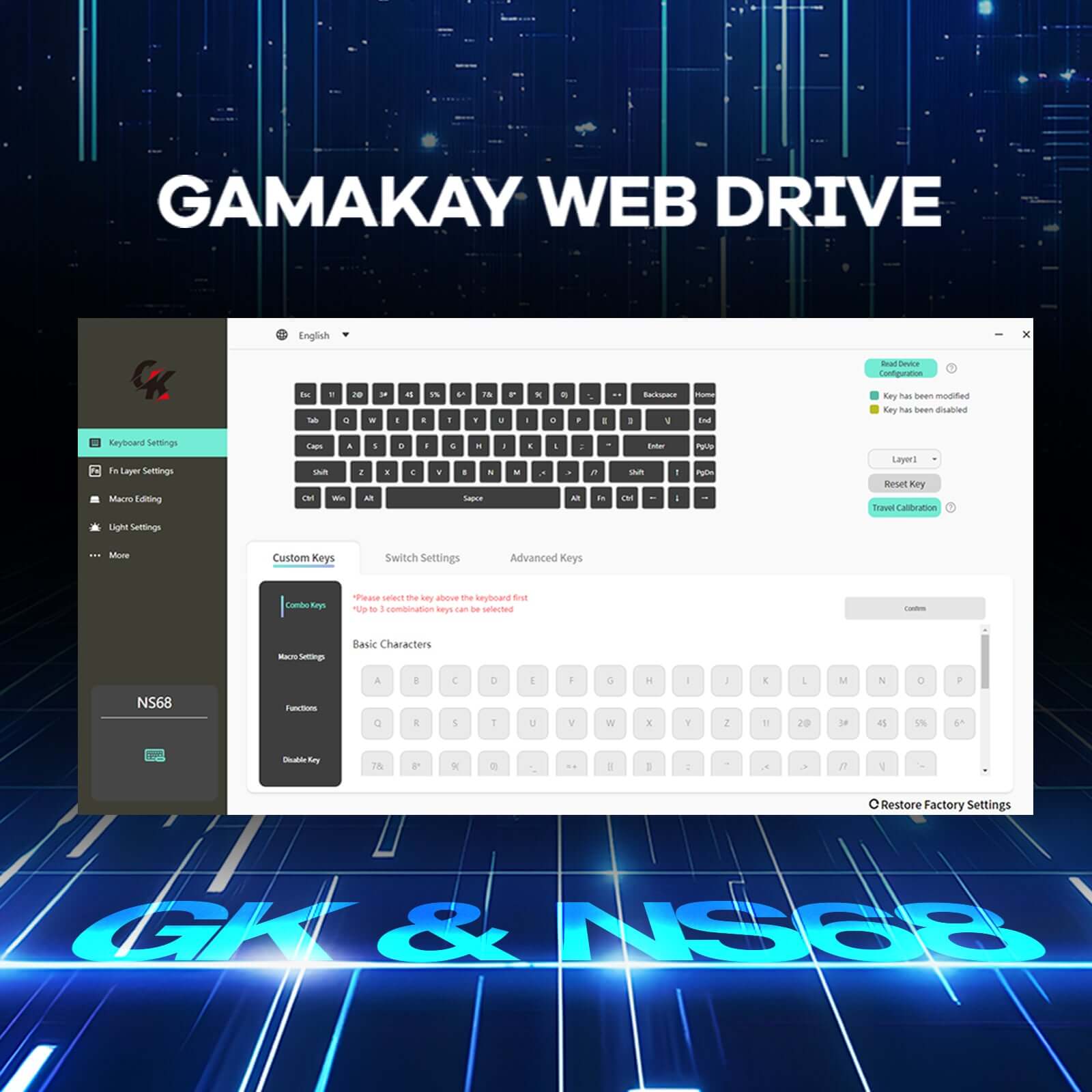 Gamakay x Naugh shark NS68 is a60% layout hall effect keyboard support web drive to cusomize the keyboard setting, such as RGB light effect, keystroke, Rt setting, and snap tap
