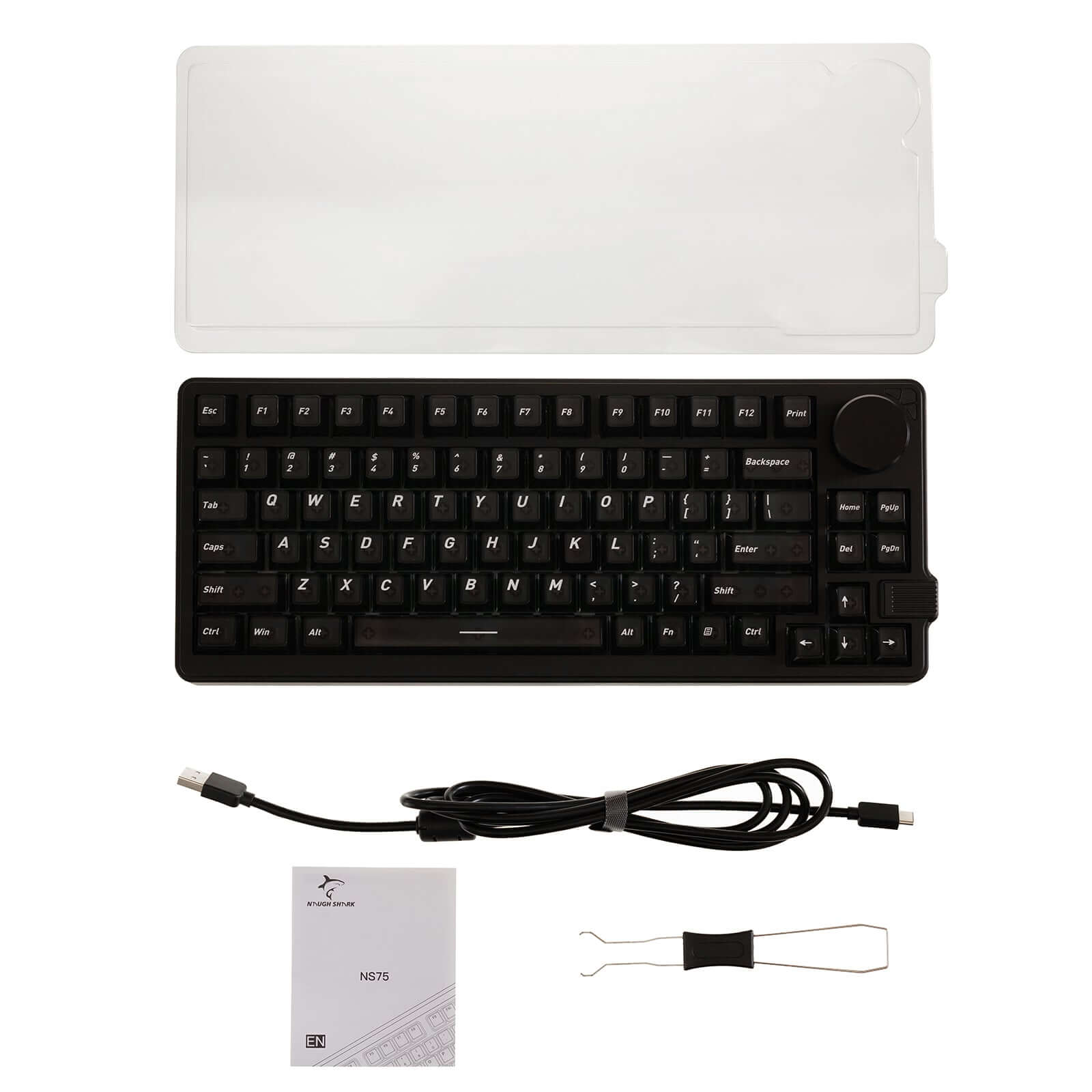 Complete Naughshark NS75 75% mechanical keyboard set with keyboard, dust cover, USB-C cable, manual, and keycap puller.
