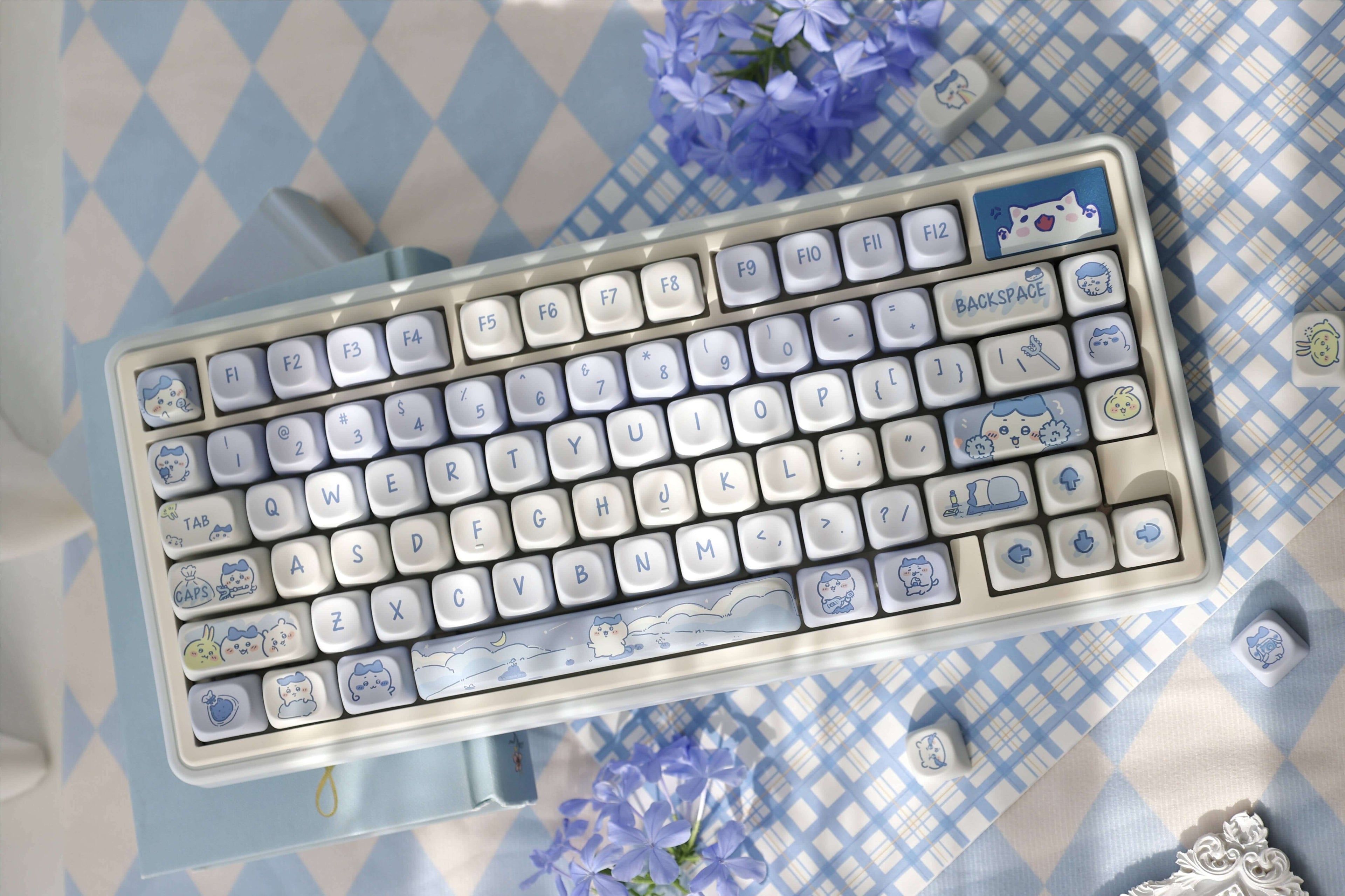 Gamakay 95 Keys MOA Profile PBT Keycaps Set in sky blue, featuring Chiikawa anime design, pastel kawaii keycaps for 75% mechanical keyboard.