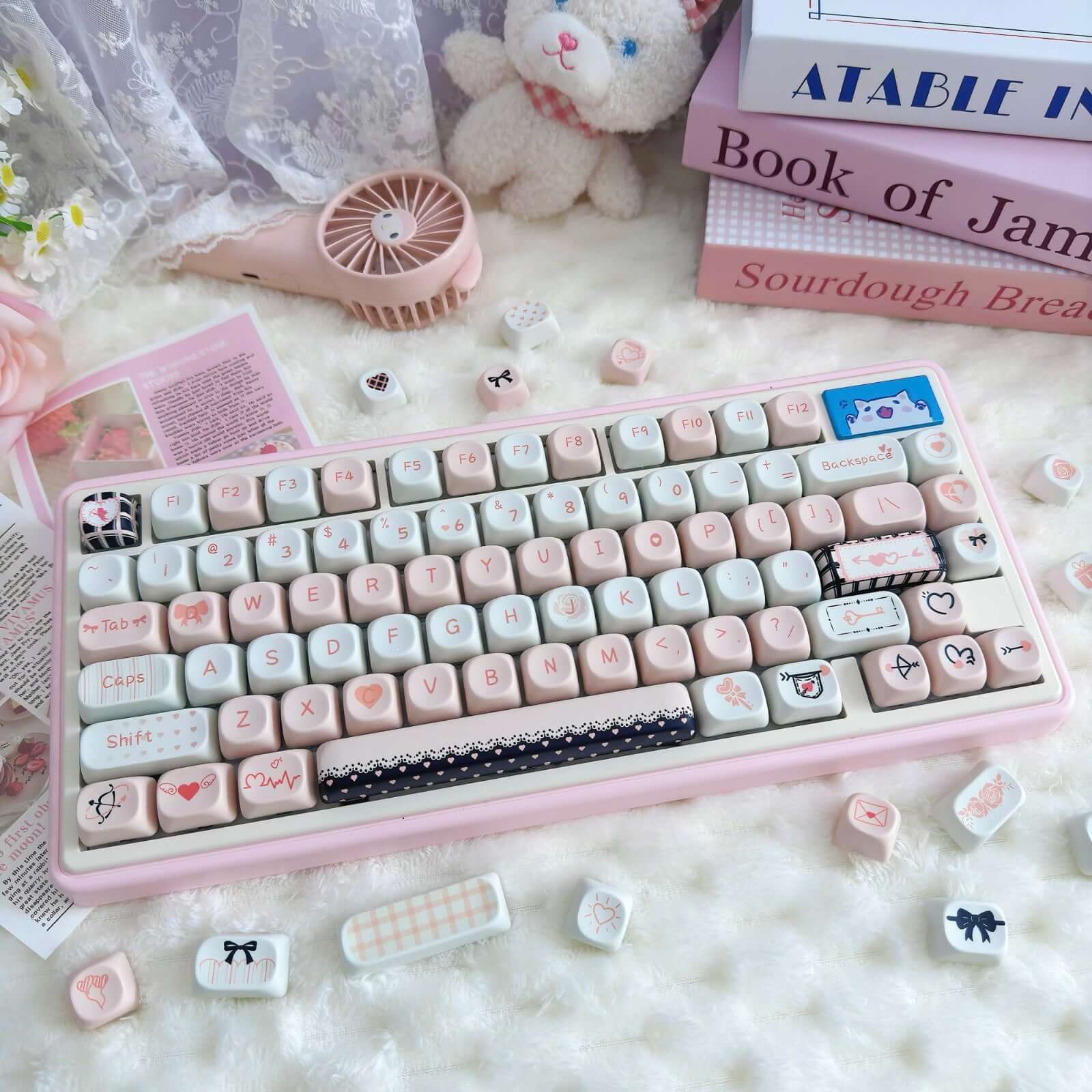 Gamakay 95 Keys MOA Profile PBT Keycaps Set – Ribbon Theme in pastel pink and blue, cute bow design kawaii keycaps for 75% mechanical keyboard