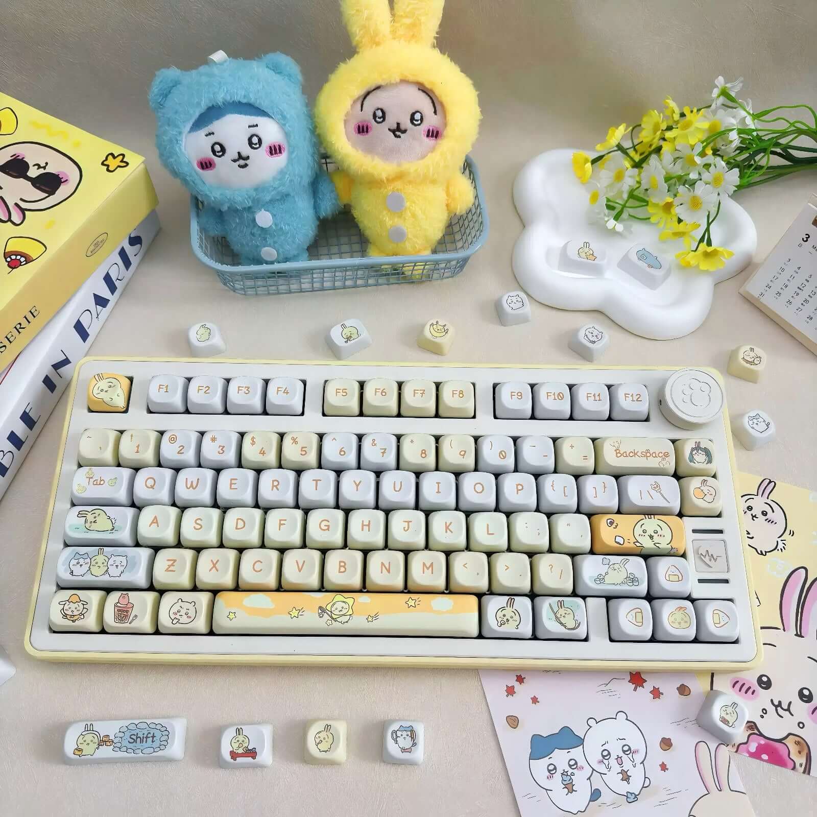 Gamakay 95 Keys MOA Profile PBT Keycaps Set in lemon yellow, featuring Chiikawa cartoon theme, adorable pastel anime keycaps for 75% mechanical keyboard