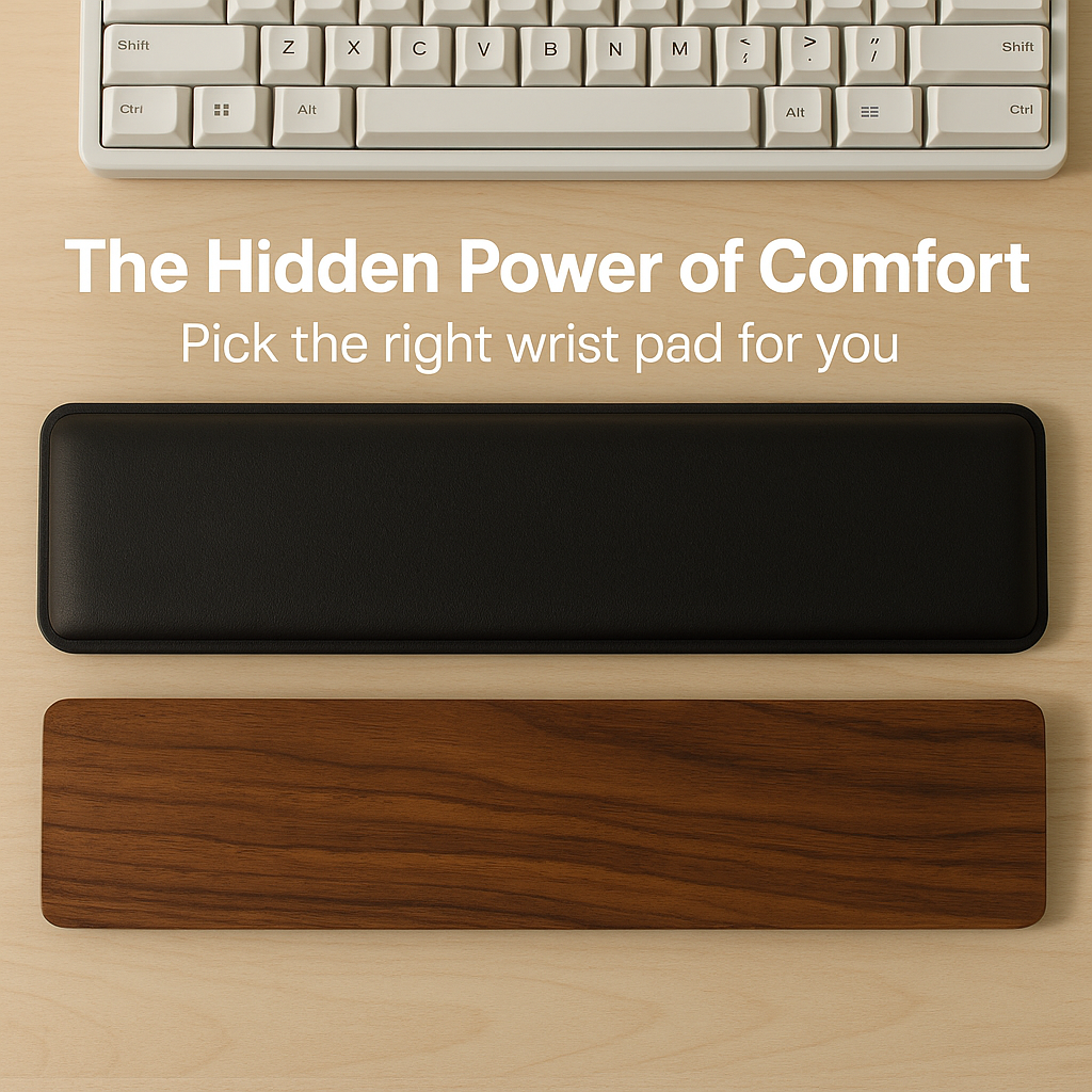 Modern desk setup featuring a Gamakay mechanical keyboard with PU and wood wrist pads side by side — illustrating comfort, ergonomics, and style for 65%, 75%, and 100% keyboards