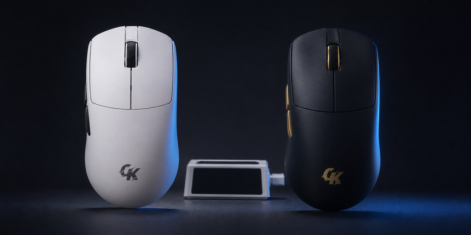 Gamakay GX1 and GX1 PRO wireless gaming mice with charging dock on a dark blue background