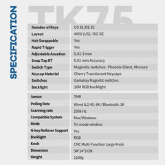 Gamakay TK75 TMR Teclado Gaming Silencioso Rapid Trigger 8K