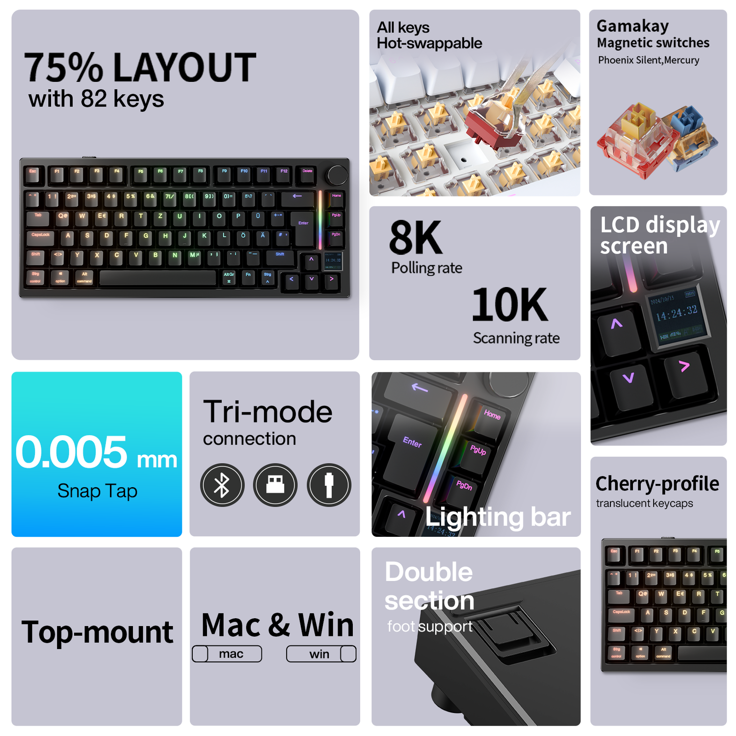 Gamakay TK75he V2 Hall Effect Clavier 8K Taux de sondage RT Précision