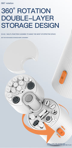 Gamakay 33-in-1 Multifunctional Cleaning Kit showcasing 360° rotation and double-layer storage design for efficient cleaning.