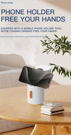 Phone holder tool that frees your hands for watching movies, placed on a table with greenery in the background.