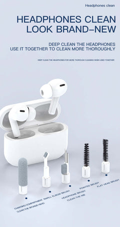 Multifunctional Cleaning Kit for deep cleaning headphones with various brushes and tools including a silicone brush and pointed brush.