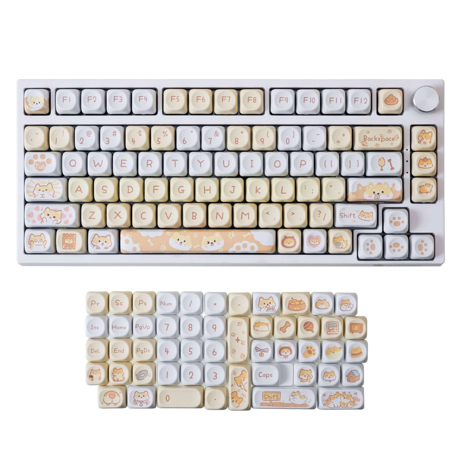 Gamakay 132 Keys Yellow &amp; White Keycaps Set displayed on a mechanical keyboard, with additional keycaps arranged below. The keycaps feature a cute and playful design with yellow and white colors, including illustrations of dogs and other charming elements