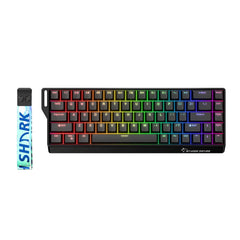 Gamakay x Naughshark NS68 Hall effect keyboard, in color black with shine-through, OEM keycaps, showing the RGB effect of the keyboard.