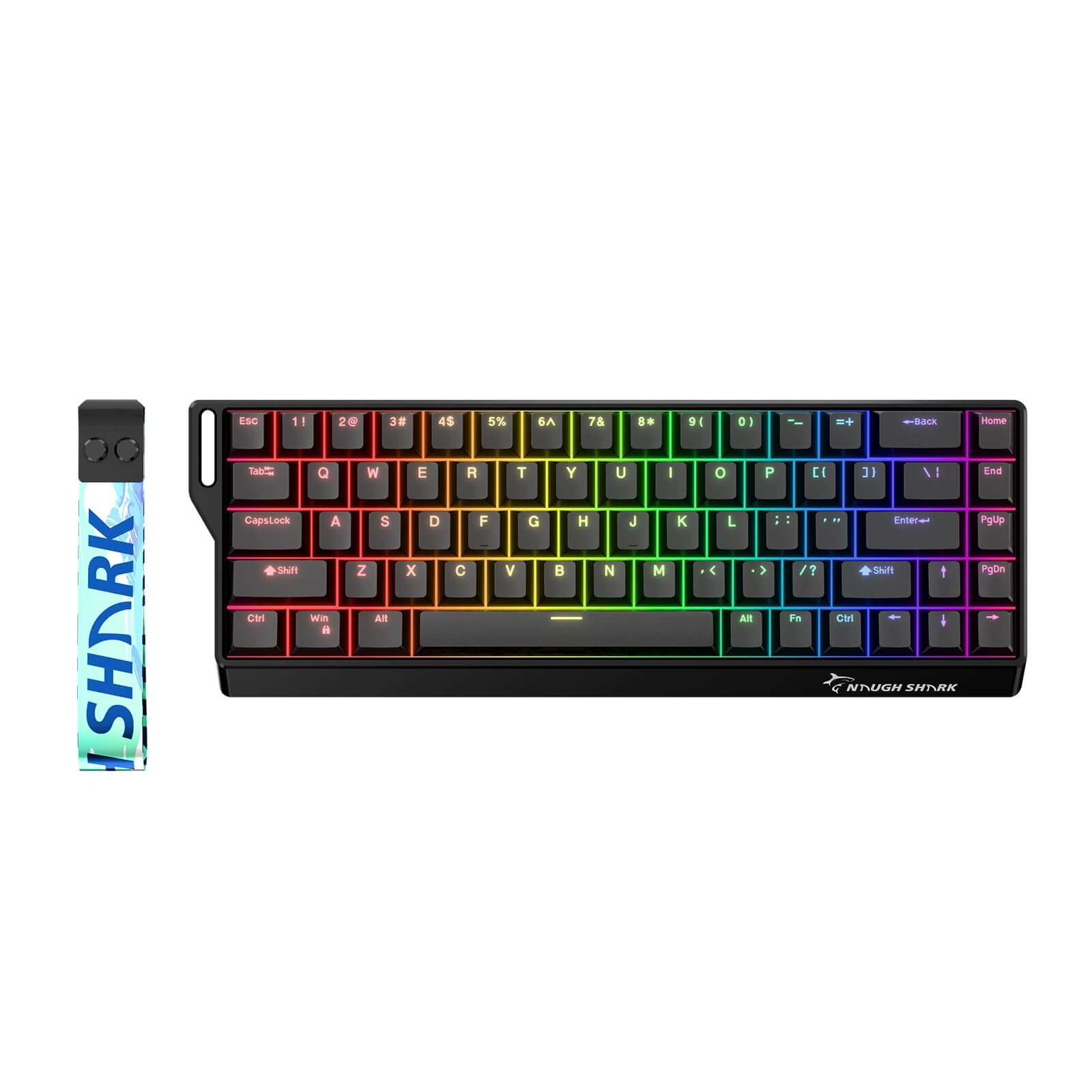 Gamakay x Naughshark NS68 Hall effect keyboard, in color black with shine-through, OEM keycaps, showing the RGB effect of the keyboard.