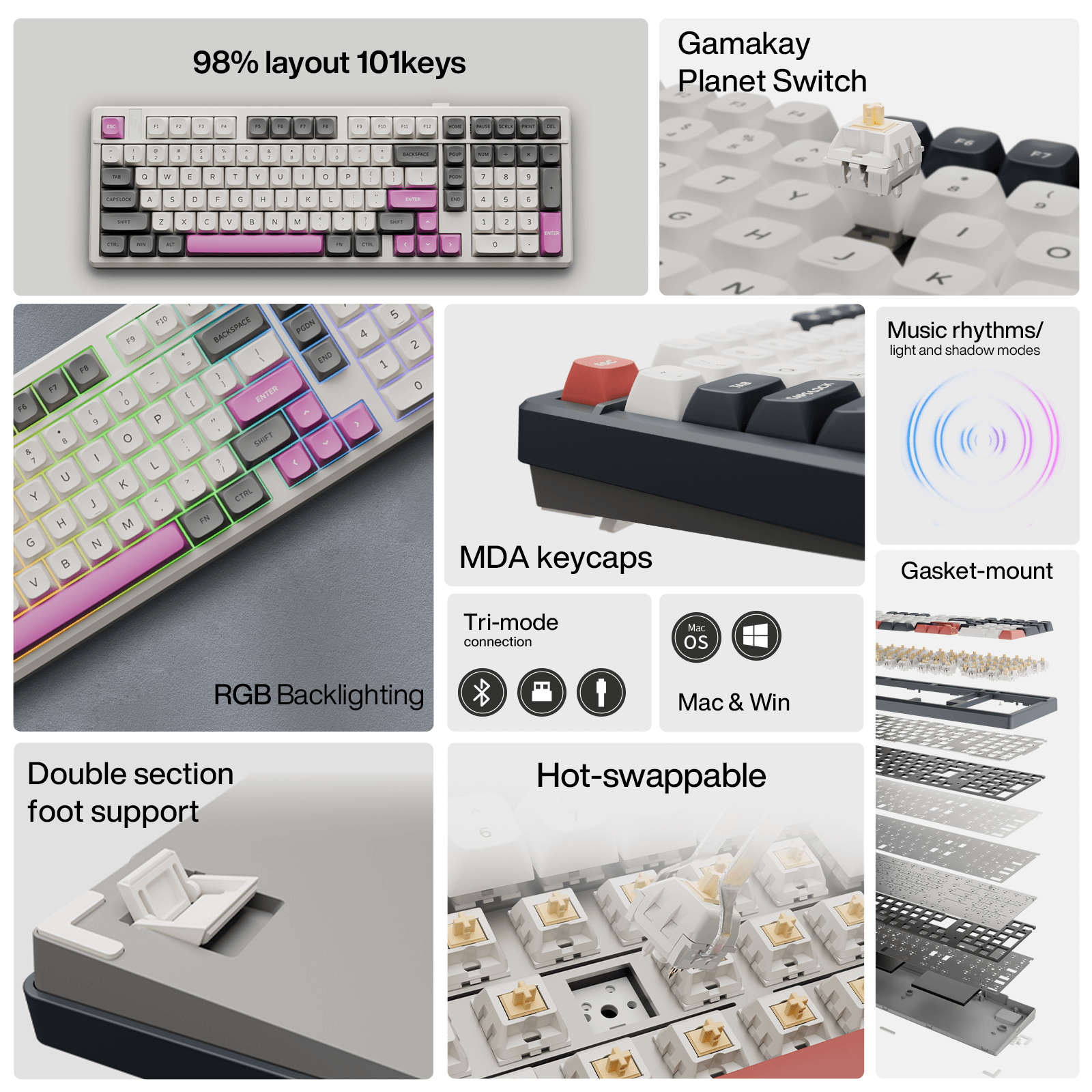 Gamakay TK101 is a 98 layout mechanical keyboard, covered with the MDA profile keycpas, support full keys hot-swappable, tri-mode connection up to 5 devices, work with mac and windows systems, built in gasket-mount structure with 5 layers sound absoring for