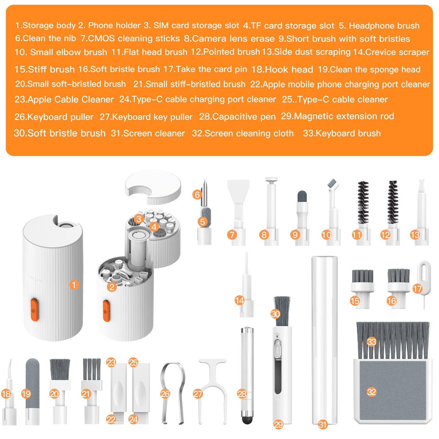Gamakay 33-in-1 Multifunctional Magnetism Rotating Cleaning Kit with Portable Electronics Brush Tool for Keybord Laptop Tablet PC Camera Lens Earbuds Monitor