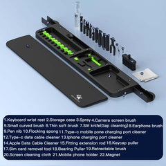 The wrist rest pad includes
1. Keyboard wrist pad
2.Storage case
3.Spray
4. Camera screen brush
5. Small curved brush 6. Thin soft brush
7.Slit knife(Gap cleaning) 
8. Earphone brush 9.Pen nib
10.Flocking spong 
11. Type-c mobile pone charging port cleaner
12.Type-c data cable cleaner 
13.lphone charging port cleaner
14.Apple Data Cable Cleaner 
15.Fitting extension rod
16.Keycap puller
17.Sim card removal tool 
18.Bearing Puller
19.Retractable brush 
20.Screen cleaning cloth
21.Mobile phone holder 