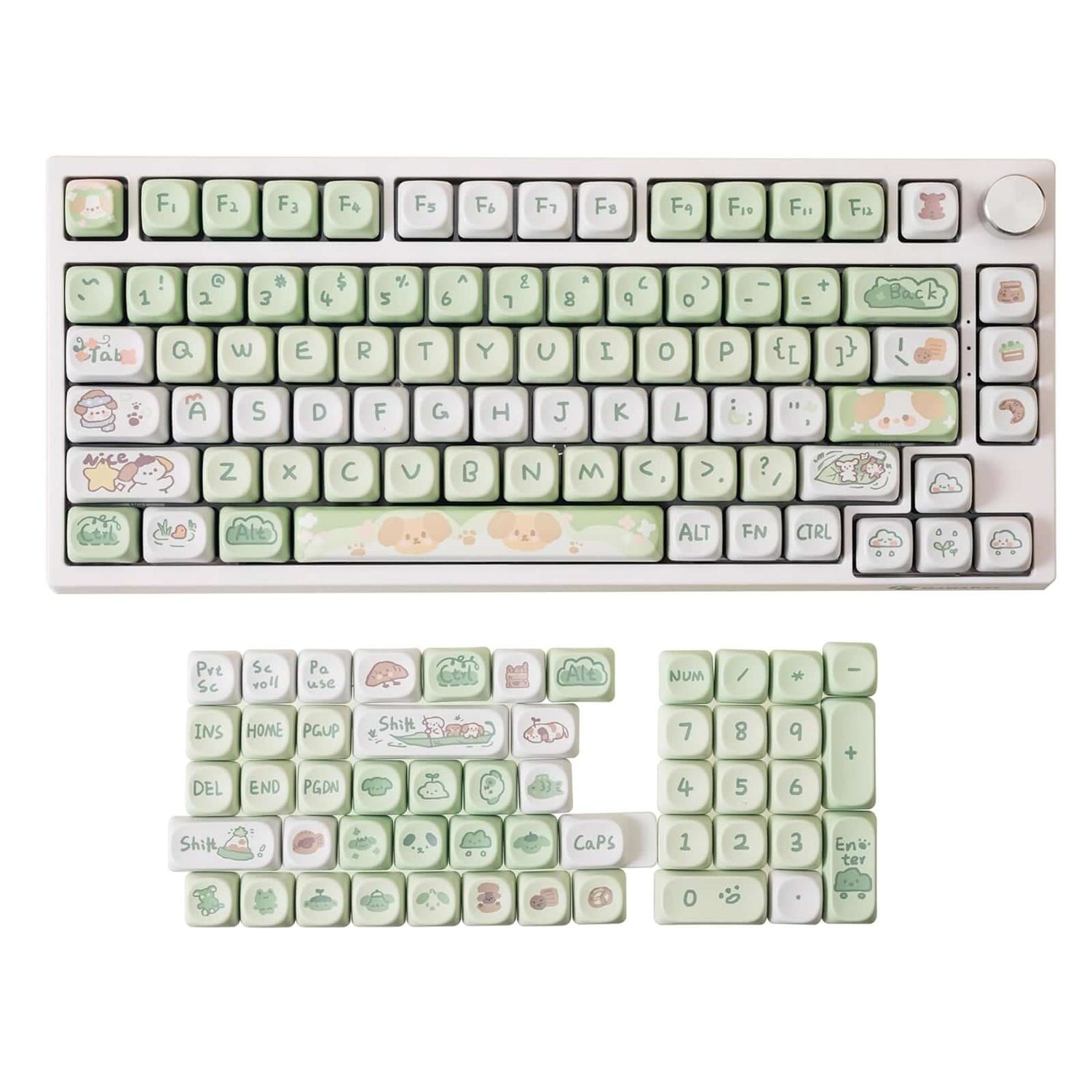 Gamakay 132 Keys Green &amp; White Keycaps Set displayed on a mechanical keyboard, with additional keycaps arranged below. The keycaps feature a playful design with green and white colors, including cute illustrations suitable for girls and those who prefer a