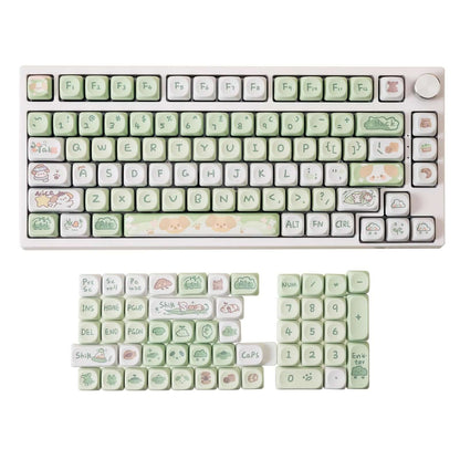 Gamakay 132 Keys Green &amp; White Keycaps Set displayed on a mechanical keyboard, with additional keycaps arranged below. The keycaps feature a playful design with green and white colors, including cute illustrations suitable for girls and those who prefer a