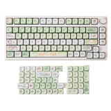 Gamakay 132 Keys Green & White Keycaps Set displayed on a mechanical keyboard, with additional keycaps arranged below. The keycaps feature a playful design with green and white colors, including cute illustrations suitable for girls and those who prefer a